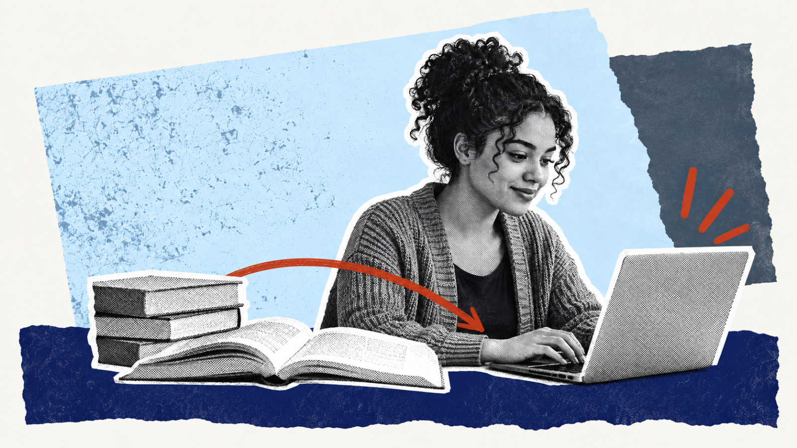 Paper collage of a student using a laptop beside course books, with grayscale halftone photography, ice-blue and navy paper and a burnt-red arrow.
