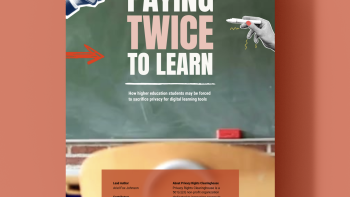 Light peach colored background with report cover on top that says paying twice to learn against a chalkboard inside a classroom