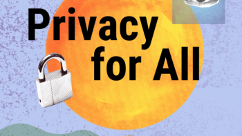 light purple background with a green wave at the bottom and a gold sun in the center with an eye in the upper right and fists along the bottom with the words privacy for all on top