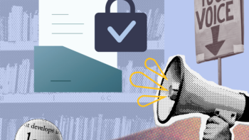 light blue background of a book shelf with a picket sign on the right that says amplify your voice and a hand holding a bullhorn at the bottom right and another hand holding a magnifying glass on the bottom left with the work law in the glass