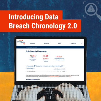 Blue and gold background with a red bar with white text at the top that says introducing data break chronology 2.0 and the hands on the keyboard of a laptop