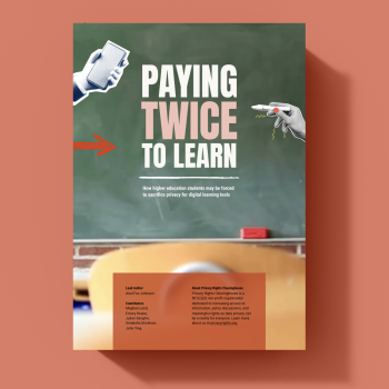 Light peach colored background with report cover on top that says paying twice to learn against a chalkboard inside a classroom