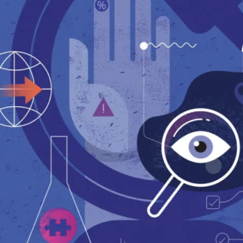 Blue background with a light blue hand icon and white outlines globe icon a test vessel icon and a magnifying glass with an eye inside