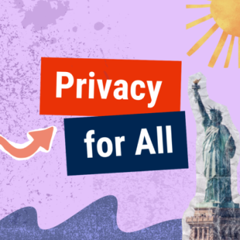 Light pink background with a purple wave at the bottom and a gold sun in the upper right with the statue of libery below it and the words privacy for all in the center on top of red and navy blue colored tiles