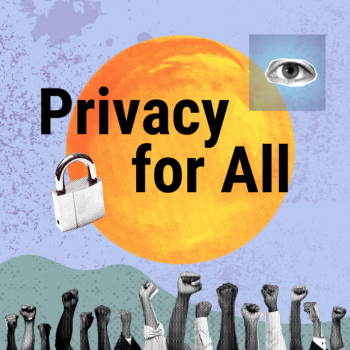 light purple background with a green wave at the bottom and a gold sun in the center with an eye in the upper right and fists along the bottom with the words privacy for all on top