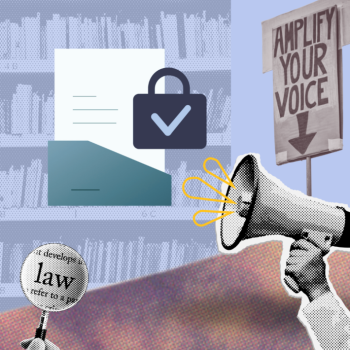 light blue background of a book shelf with a picket sign on the right that says amplify your voice and a hand holding a bullhorn at the bottom right and another hand holding a magnifying glass on the bottom left with the work law in the glass