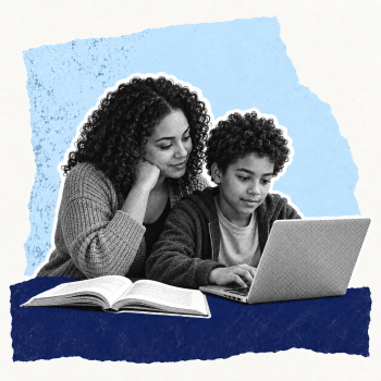 A younger student and parent learning together at a laptop, with an open schoolbook.