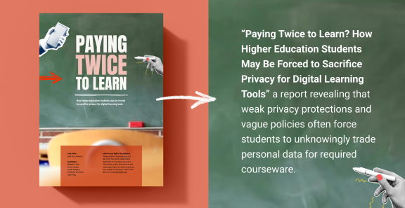 left side shows the report cover against a redish background with a blackboard on the right with white text describing the report