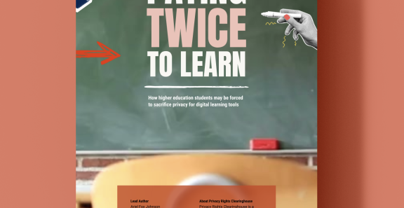 Light peach colored background with report cover on top that says paying twice to learn against a chalkboard inside a classroom