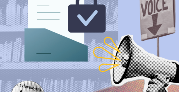 light blue background of a book shelf with a picket sign on the right that says amplify your voice and a hand holding a bullhorn at the bottom right and another hand holding a magnifying glass on the bottom left with the work law in the glass