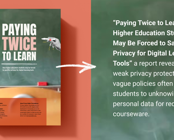 left side shows the report cover against a redish background with a blackboard on the right with white text describing the report