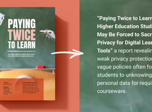 left side shows the report cover against a redish background with a blackboard on the right with white text describing the report