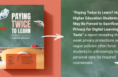 left side shows the report cover against a redish background with a blackboard on the right with white text describing the report