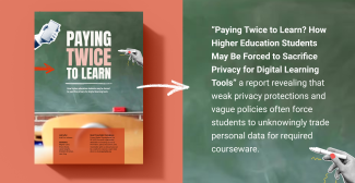 left side shows the report cover against a redish background with a blackboard on the right with white text describing the report