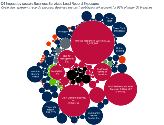 At-a-glance bubble graph showing the largest breaches of Q12025, color coded by organization type